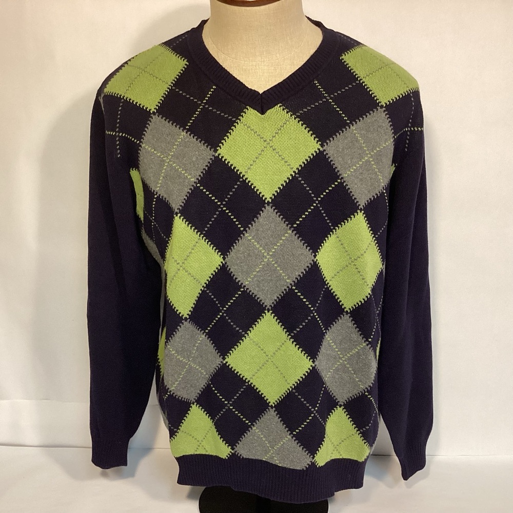 Men’s Arrow Cotton V-neck Blue Gray Argyle Sweater size large